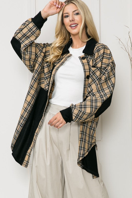 Oversized Elbow Patch Plaid Leopard Print Shacket with Black Contrast Panels