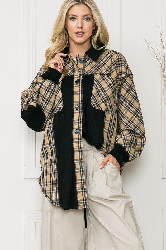 Oversized Elbow Patch Plaid Leopard Print Shacket with Black Contrast Panels