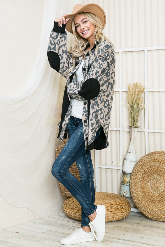 Oversized Elbow Patch Plaid Leopard Print Shacket with Black Contrast Panels