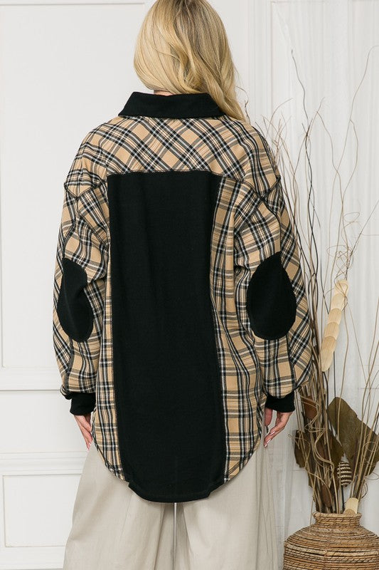 Oversized Elbow Patch Plaid Leopard Print Shacket with Black Contrast Panels