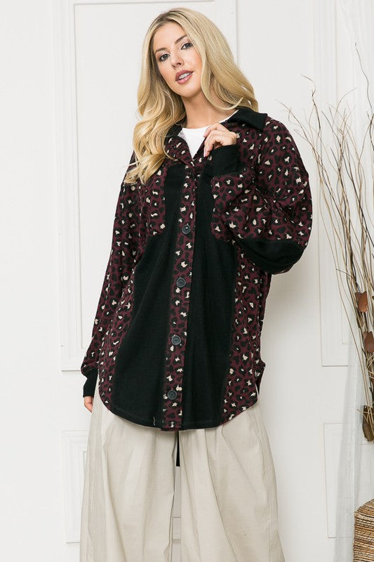 Oversized Elbow Patch Plaid Leopard Print Shacket with Black Contrast Panels