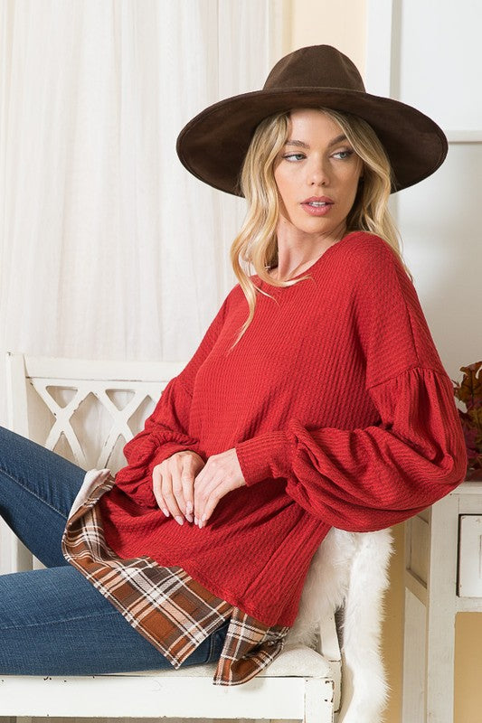 Balloon Sleeve Waffle Textured Blouse Orange Farm Clothing