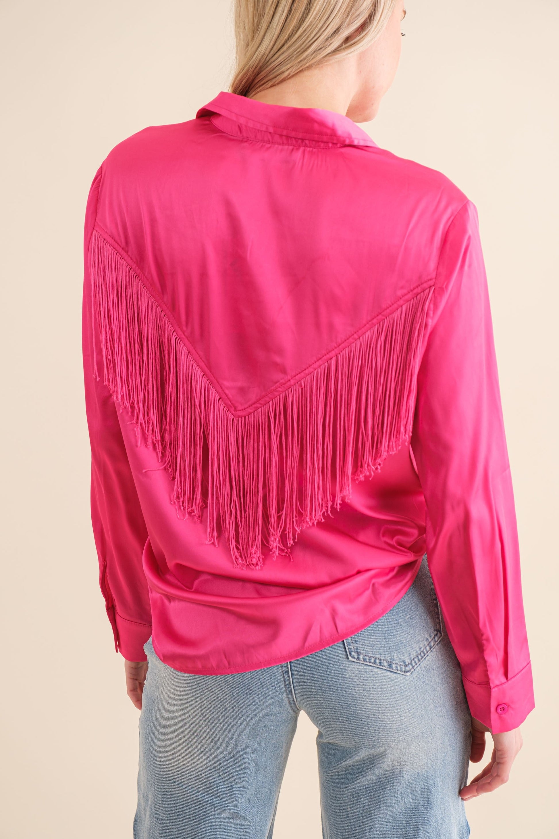 Chevron Fringe Satin Button-Down Boho Shirt Blue B
