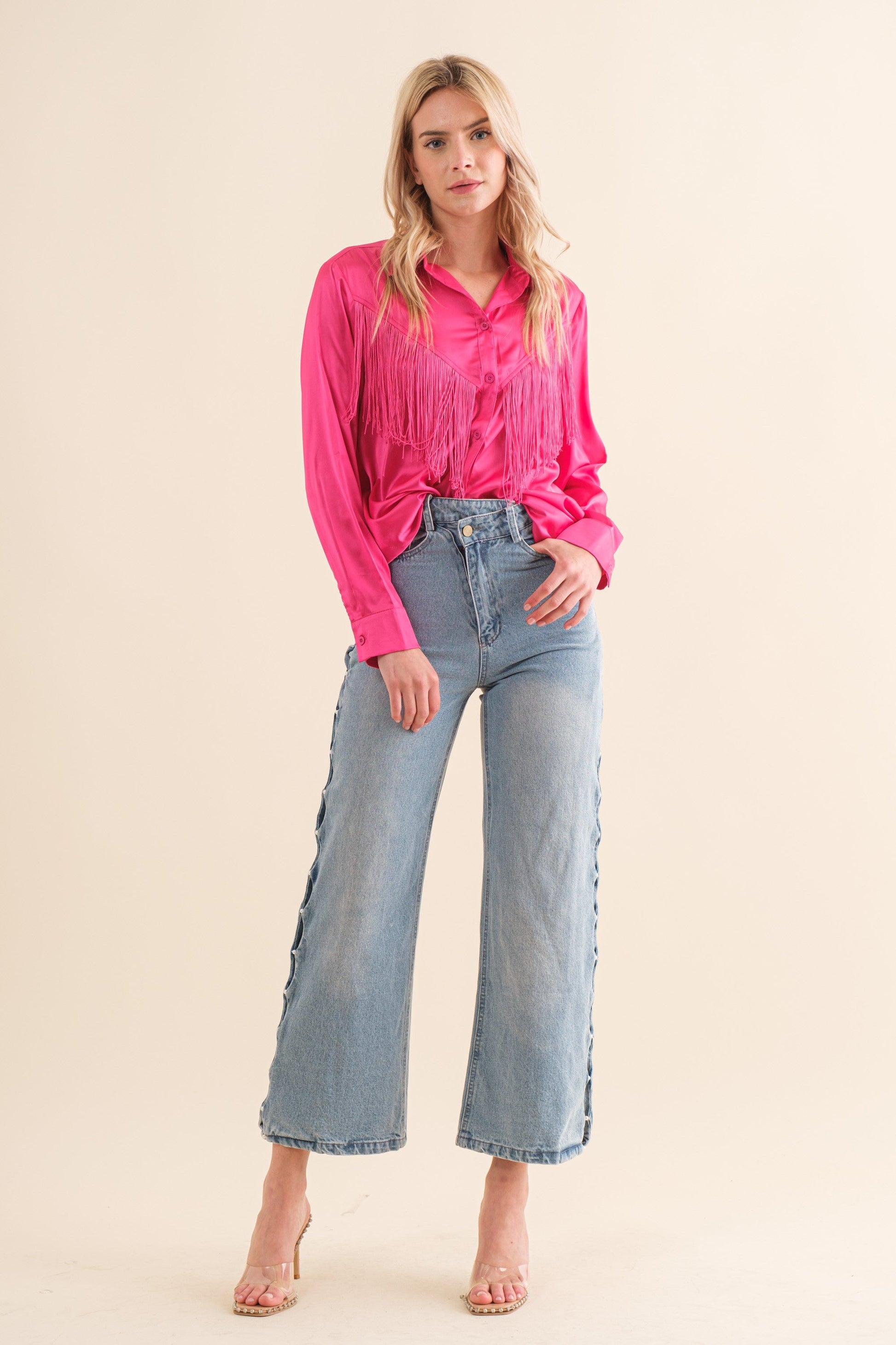 Chevron Fringe Satin Button-Down Boho Shirt Blue B