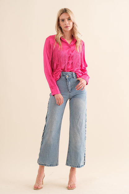 Chevron Fringe Satin Button-Down Boho Shirt Blue B