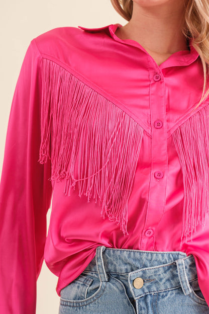 Chevron Fringe Satin Button-Down Boho Shirt Blue B