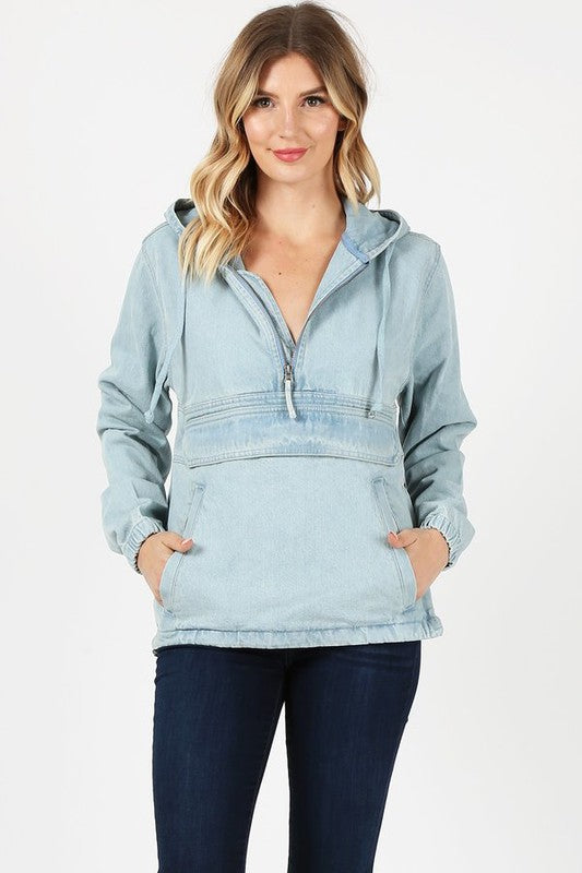 Ladies Light Blue Denim Drawstring Hoodie Jacket 100% Cotton