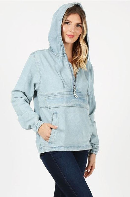 Ladies Light Blue Denim Drawstring Hoodie Jacket Blue Age