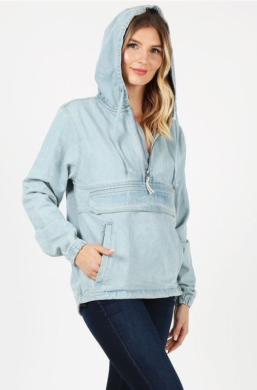 Ladies Light Blue Denim Drawstring Hoodie Jacket 100% Cotton