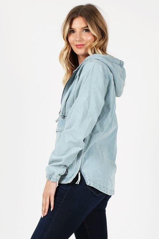 Ladies Light Blue Denim Drawstring Hoodie Jacket 100% Cotton