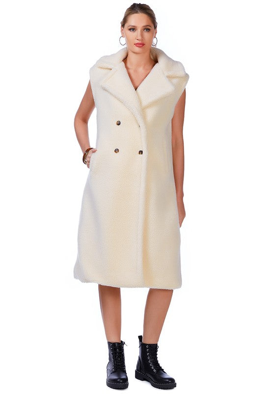 London Rag Sleeveless Double Breasted Teddy Midi Coat 100% Cotton