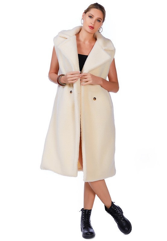 London Rag Sleeveless Double Breasted Teddy Midi Coat 100% Cotton