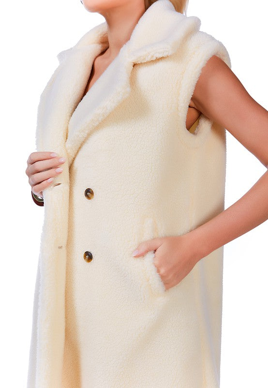 London Rag Sleeveless Double Breasted Teddy Midi Coat 100% Cotton