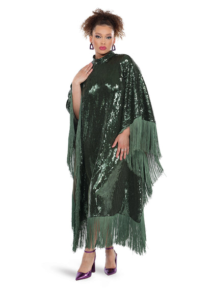 Metallic Sequin Caftan Dress with Long Fringe Trim