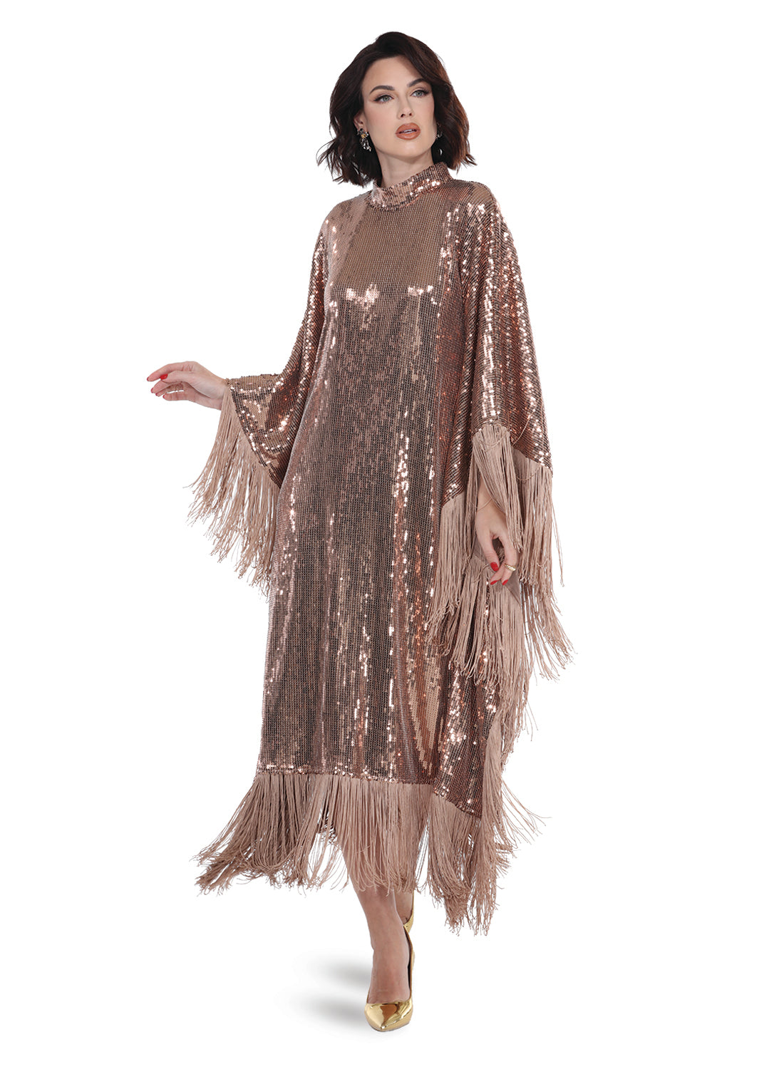 Metallic Sequin Caftan Dress with Long Fringe Trim