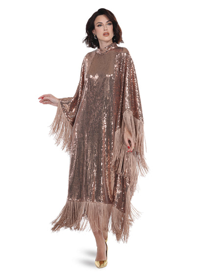 Metallic Sequin Caftan Dress with Long Fringe Trim