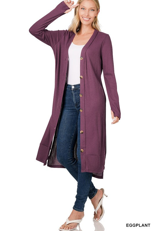 Ribbed Hi-Low Hem SIde Slits Long Cardigan with Thumbhole Long Sleeves