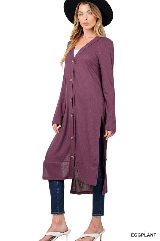 Ribbed Hi-Low Hem SIde Slits Long Cardigan with Thumbhole Long Sleeves