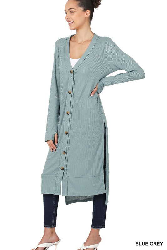 Ribbed Hi-Low Hem SIde Slits Long Cardigan with Thumbhole Long Sleeves