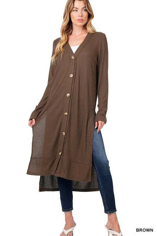 Ribbed Hi-Low Hem SIde Slits Long Cardigan with Thumbhole Long Sleeves