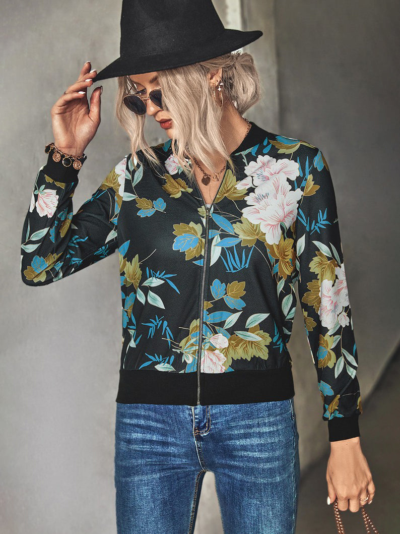 Women's Dark Florals Print Bomber Zip Jacket Annva USA