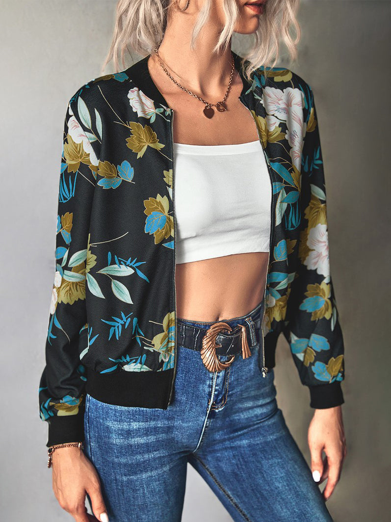Women's Dark Florals Print Bomber Zip Jacket Annva USA