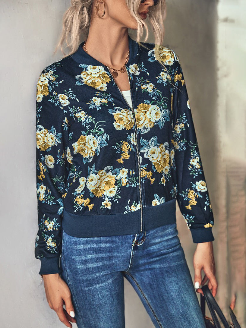 Women's Dark Florals Print Bomber Zip Jacket Annva USA