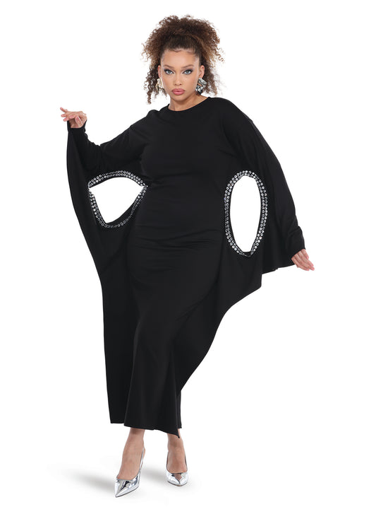 Batwing Sleeves Black Dress with Rhinestone Accents