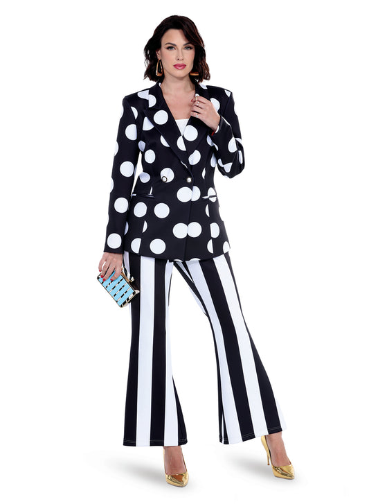 Black and White Polka Dot Blazer and Striped Pants Set