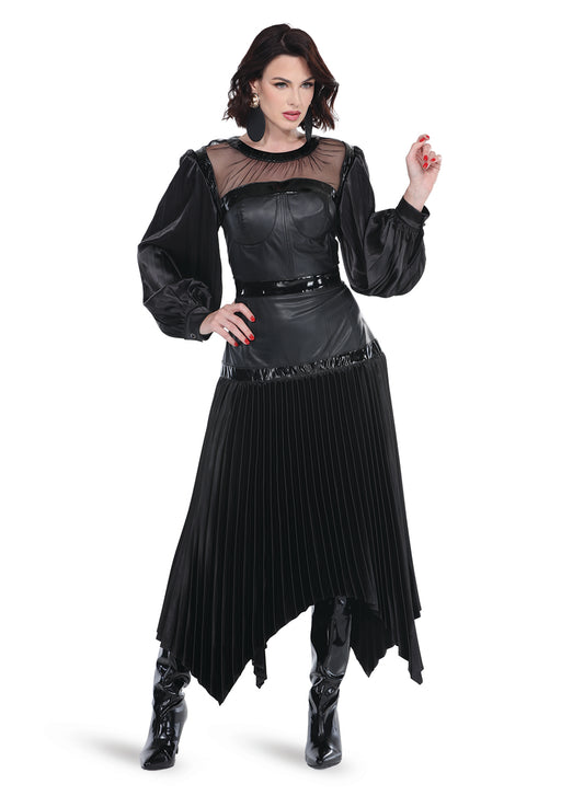 Black Faux Leather Corset Dress with Satin Puff Sleeves and Handkerchief Pleated Skirt