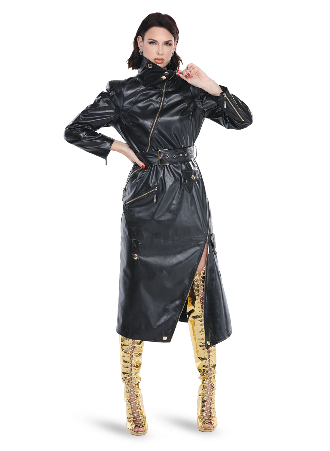 High Slit Black Faux Leather Dress Trimmed with Gold Zippers and Snaps