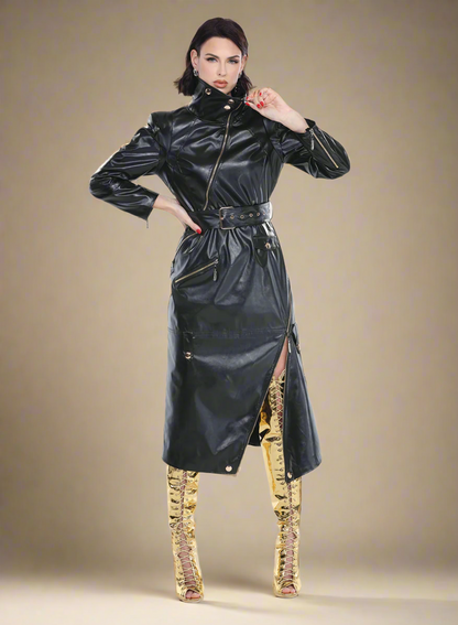 High Slit Black Faux Leather Dress Trimmed with Gold Zippers and Snaps