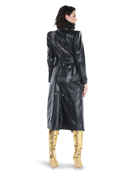 High Slit Black Faux Leather Dress Trimmed with Gold Zippers and Snaps