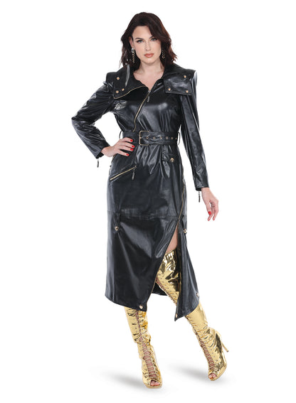 High Slit Black Faux Leather Dress Trimmed with Gold Zippers and Snaps