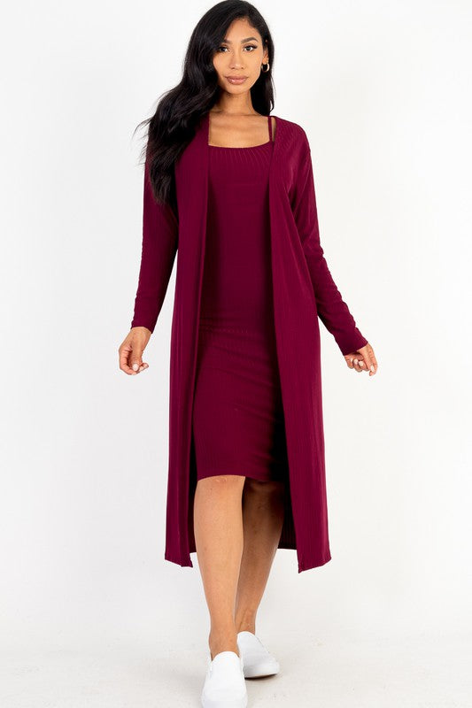 Ribbed Cardigan & Cami Midi Bodycon Dress Set Capella
