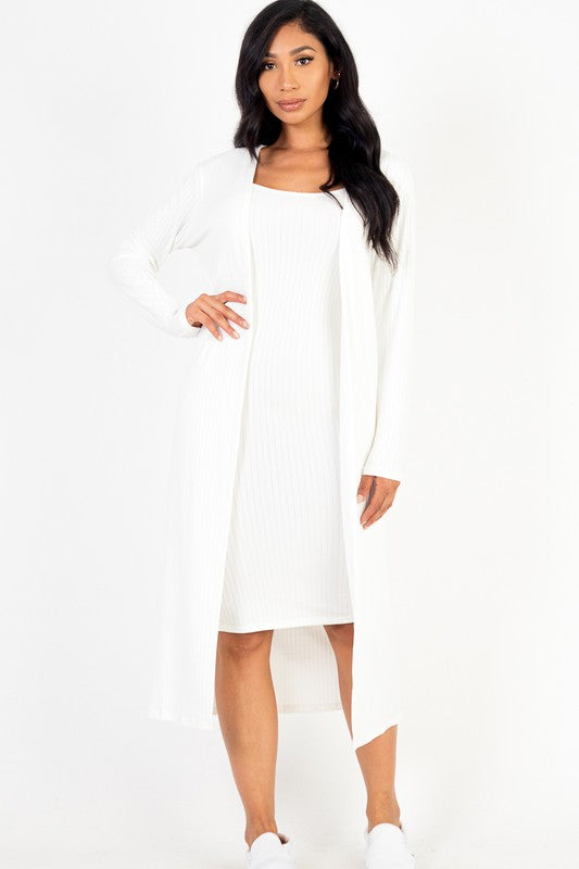 Ribbed Cardigan & Cami Midi Bodycon Dress Set Capella