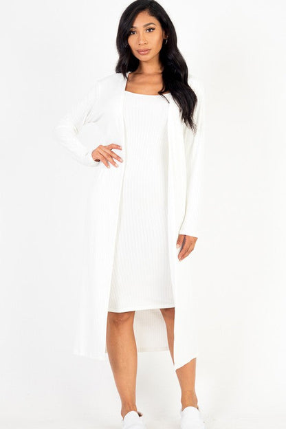 Ribbed Cardigan & Cami Midi Bodycon Dress Set Capella