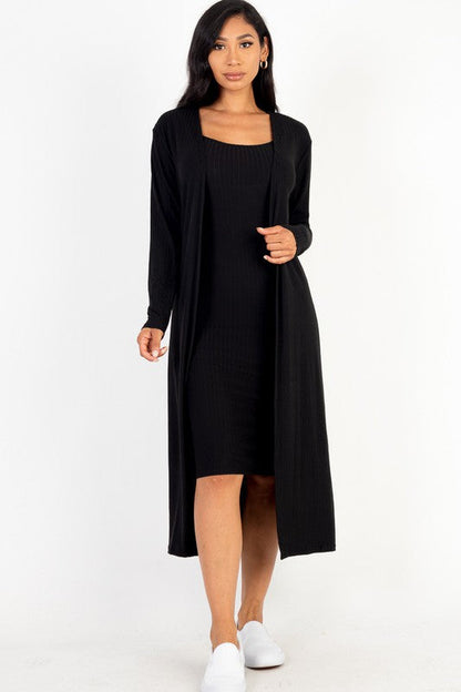 Ribbed Cardigan & Cami Midi Bodycon Dress Set Capella