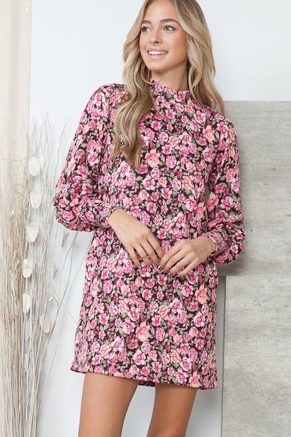 Floral Print Sweater Mini Dress with Pockets Orange Farm Clothing
