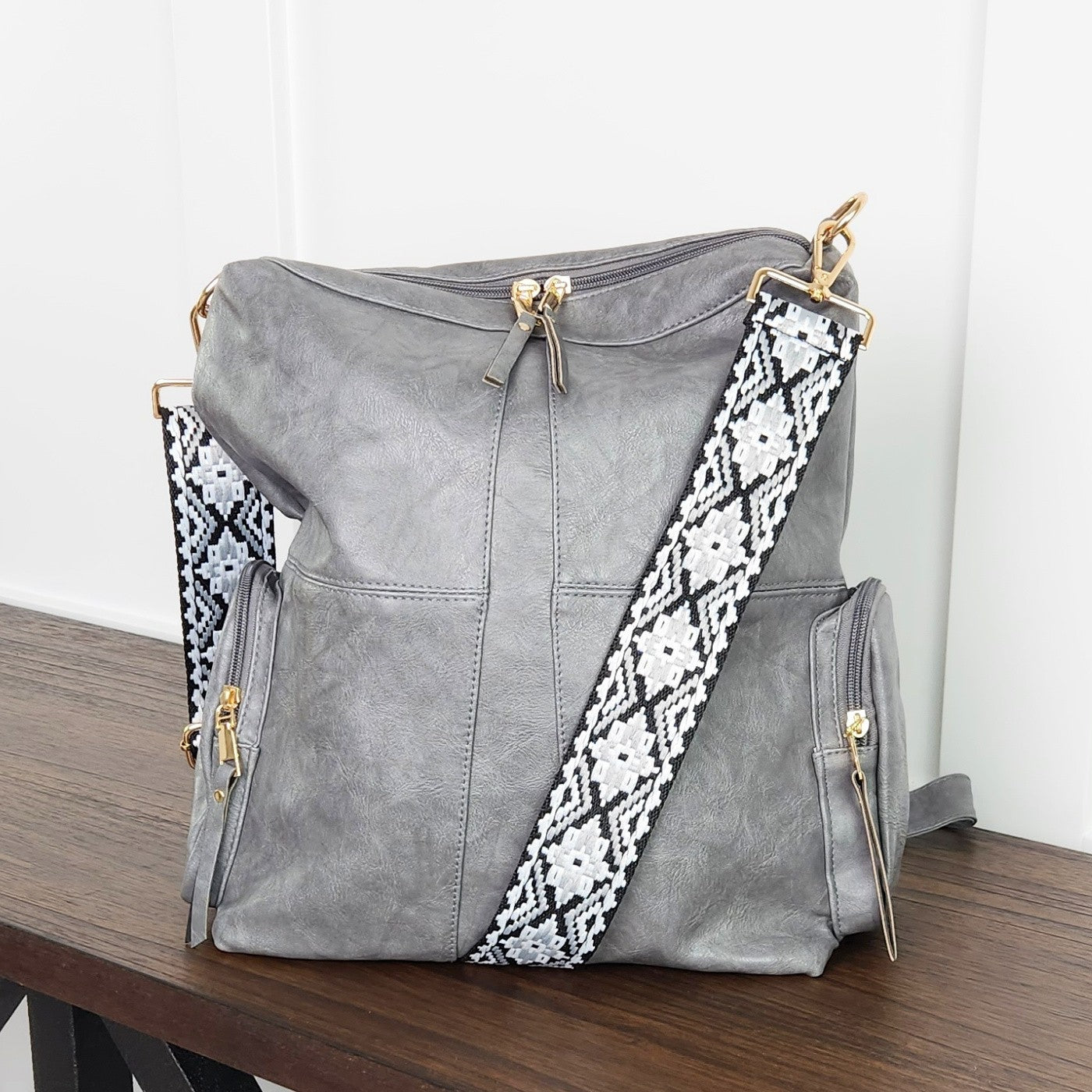 Charis Convertible Vegan Leather Backpack Aztec Strap Dani & Em
