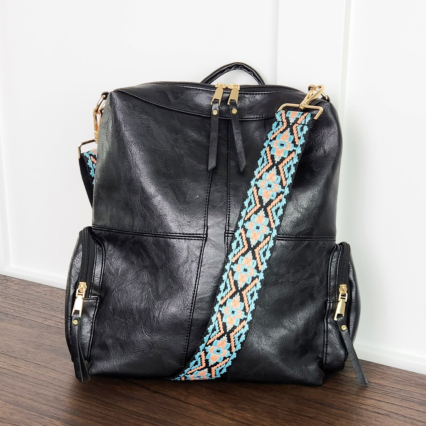 Charis Convertible Vegan Leather Backpack Aztec Strap Dani & Em