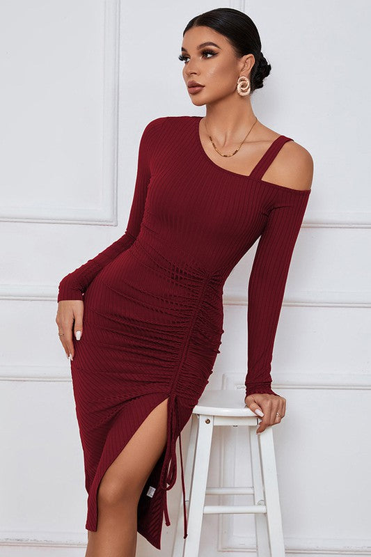 Off-the-shoulder Burgundy Dress with Slit Detail