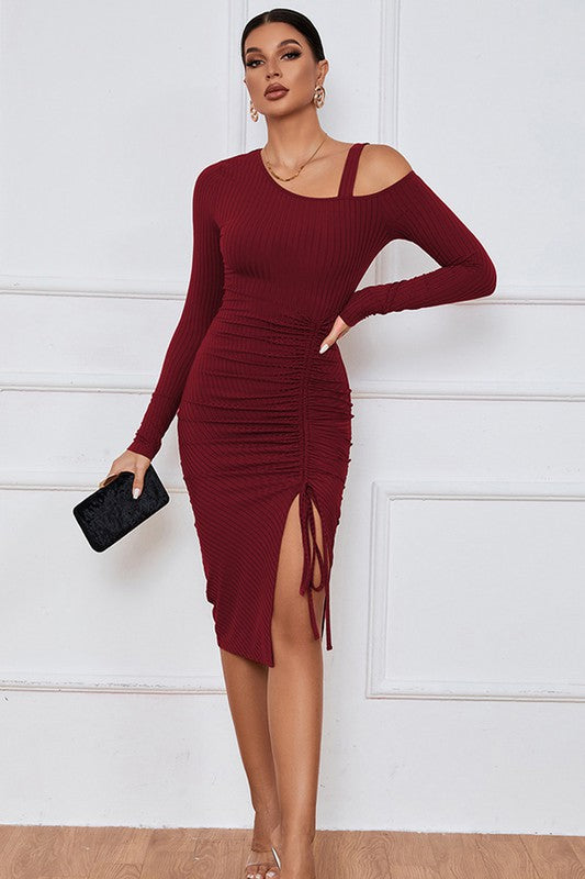 Off-the-shoulder Burgundy Dress with Slit Detail