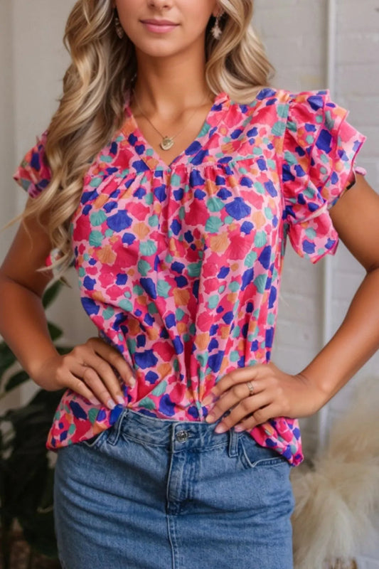 Abstract Print Ruffled Sleeve Notched Blouse Simply Love
