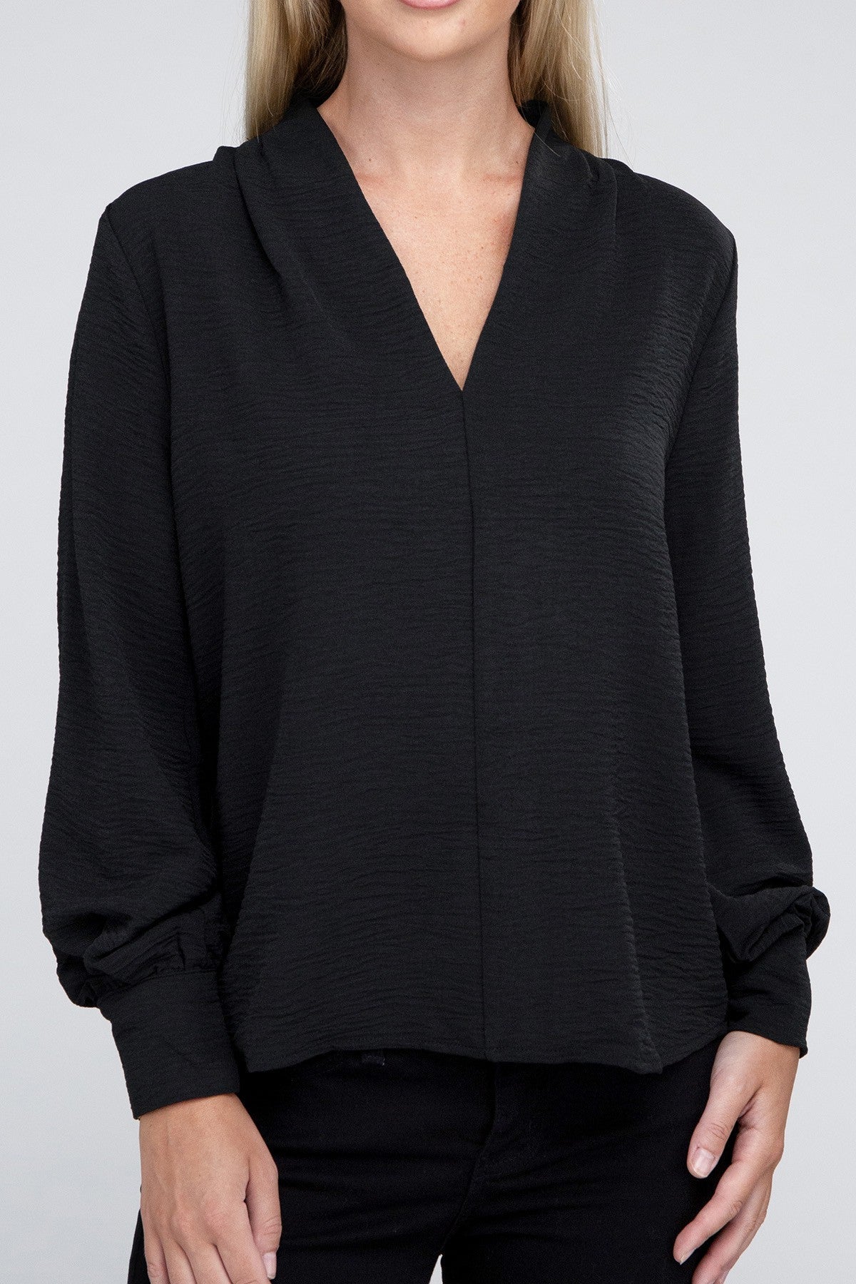 Woven Airflow V-Neck Long Sleeve Top ZENANA