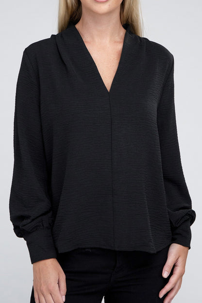 Woven Airflow V-Neck Long Sleeve Top ZENANA