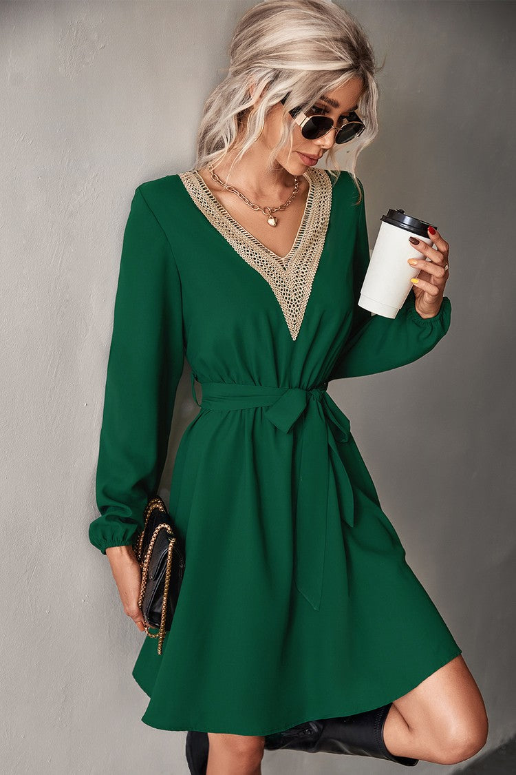 Women's Long Sleeve V-Neck Green Mini Dress