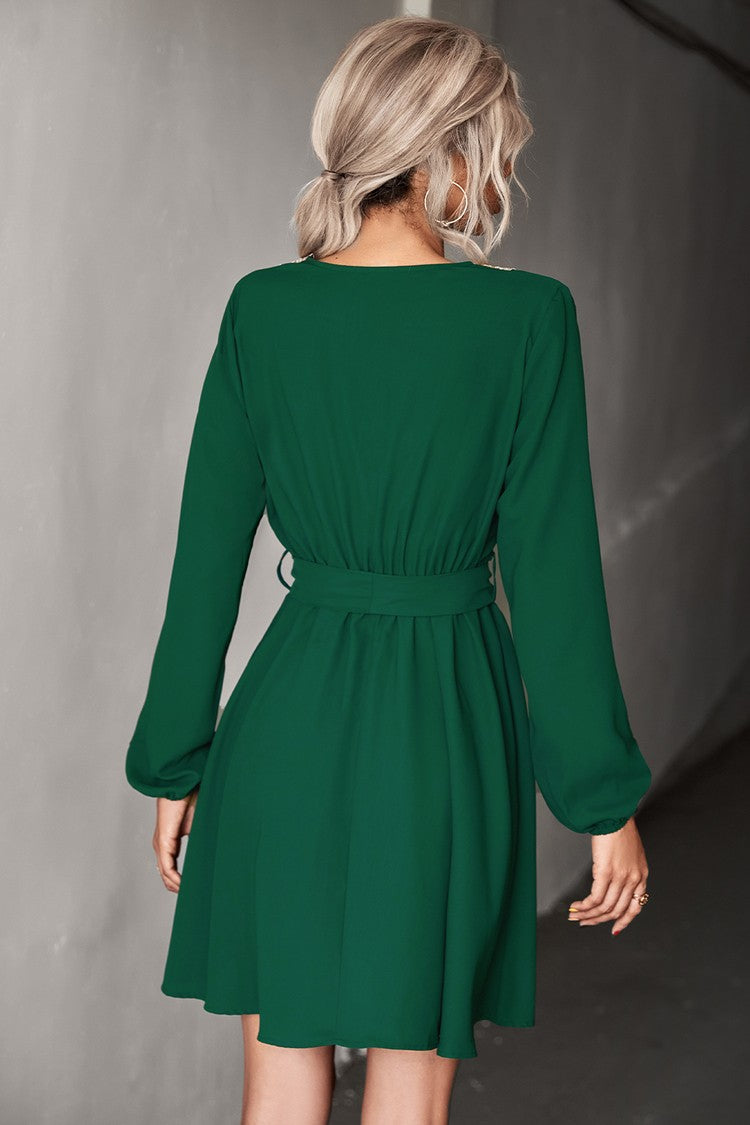 Women's Long Sleeve V-Neck Green Mini Dress