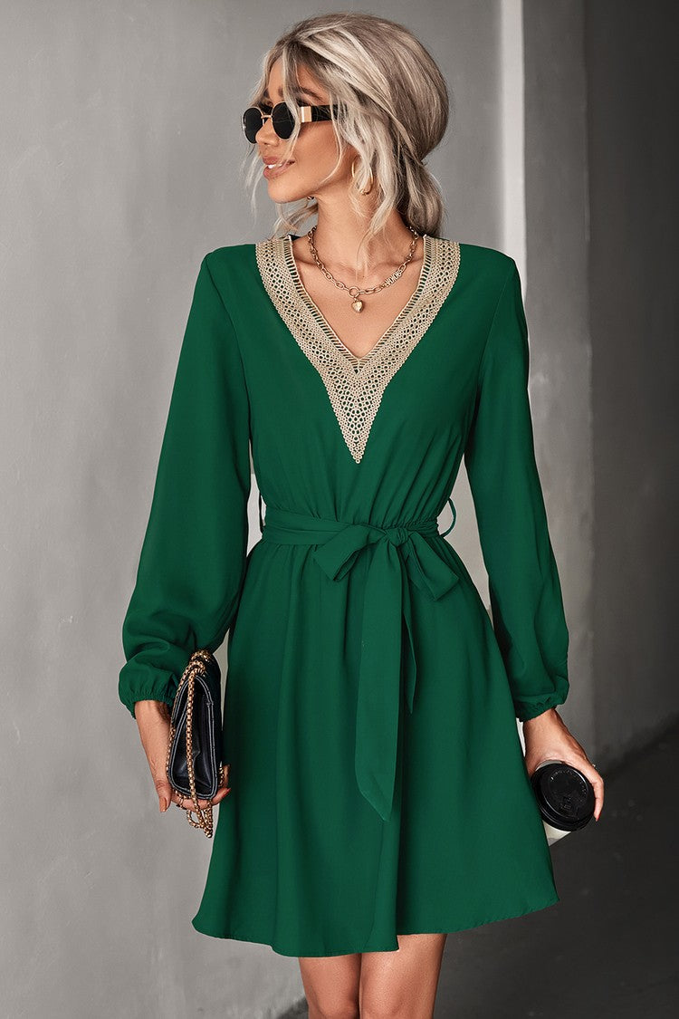 Women's Long Sleeve V-Neck Green Mini Dress