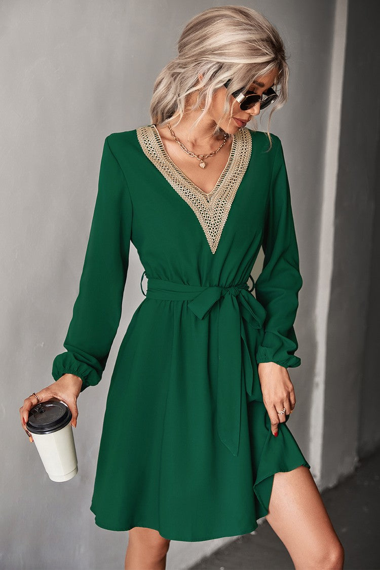 Women's Long Sleeve V-Neck Green Mini Dress